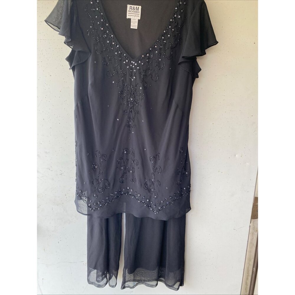 R&M Richards Womens 2-Piece Black Beaded Chiffon Dress & Pant Set Size top say 2